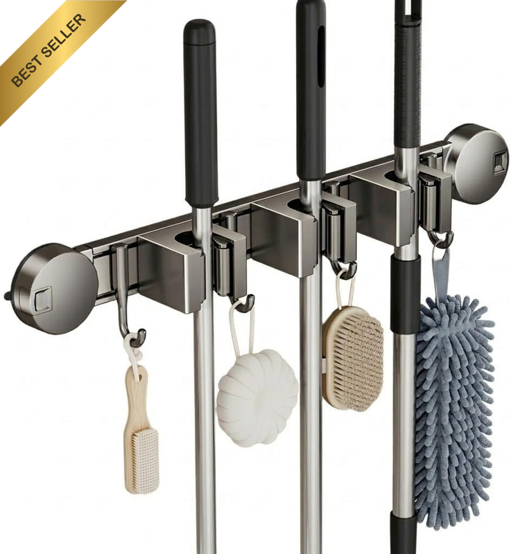 Broom Holder Wall Mount, No Drill Suction Cup Broom Hanger with 3 Slots and 4 Ho