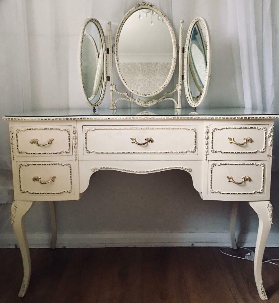 Vintage French Style Cream Vanity Dressing Table With Triple Mirror
