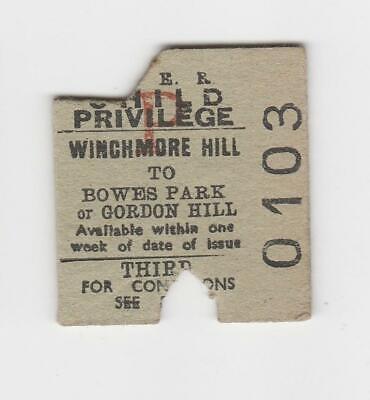 Railway Ticket LNER Winchmore Hill - Bowes Park Gordon 3rd Pri...