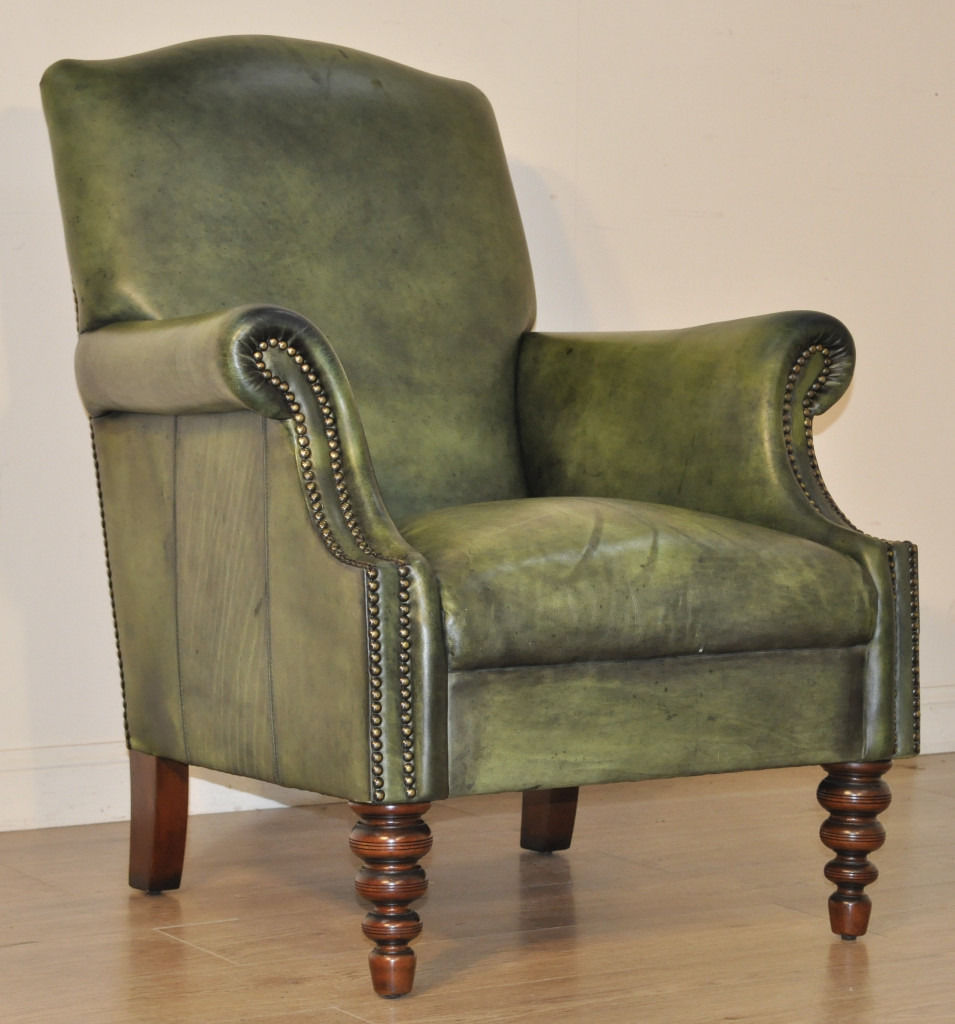 John Lewis Tetrad Green Leather Chesterfield Style Scroll Arm Armchair