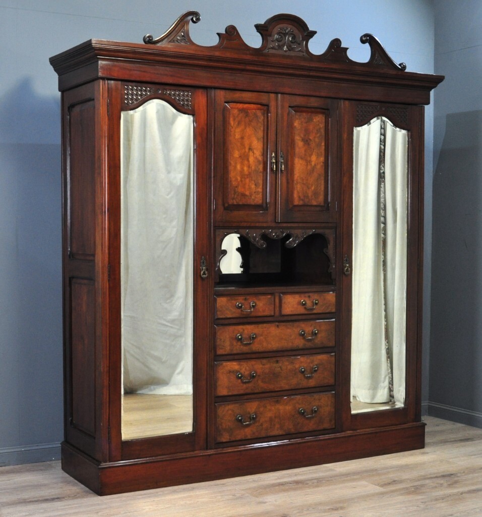 Large Antique Victorian Burr Walnut Mirror Door Triple Combination