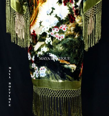 Pre-owned Maya Matazaro Kimono Duster Fringe Jacket Silk Solid Velvet Peacock Ivory Multi  In Ivory - Green -multi