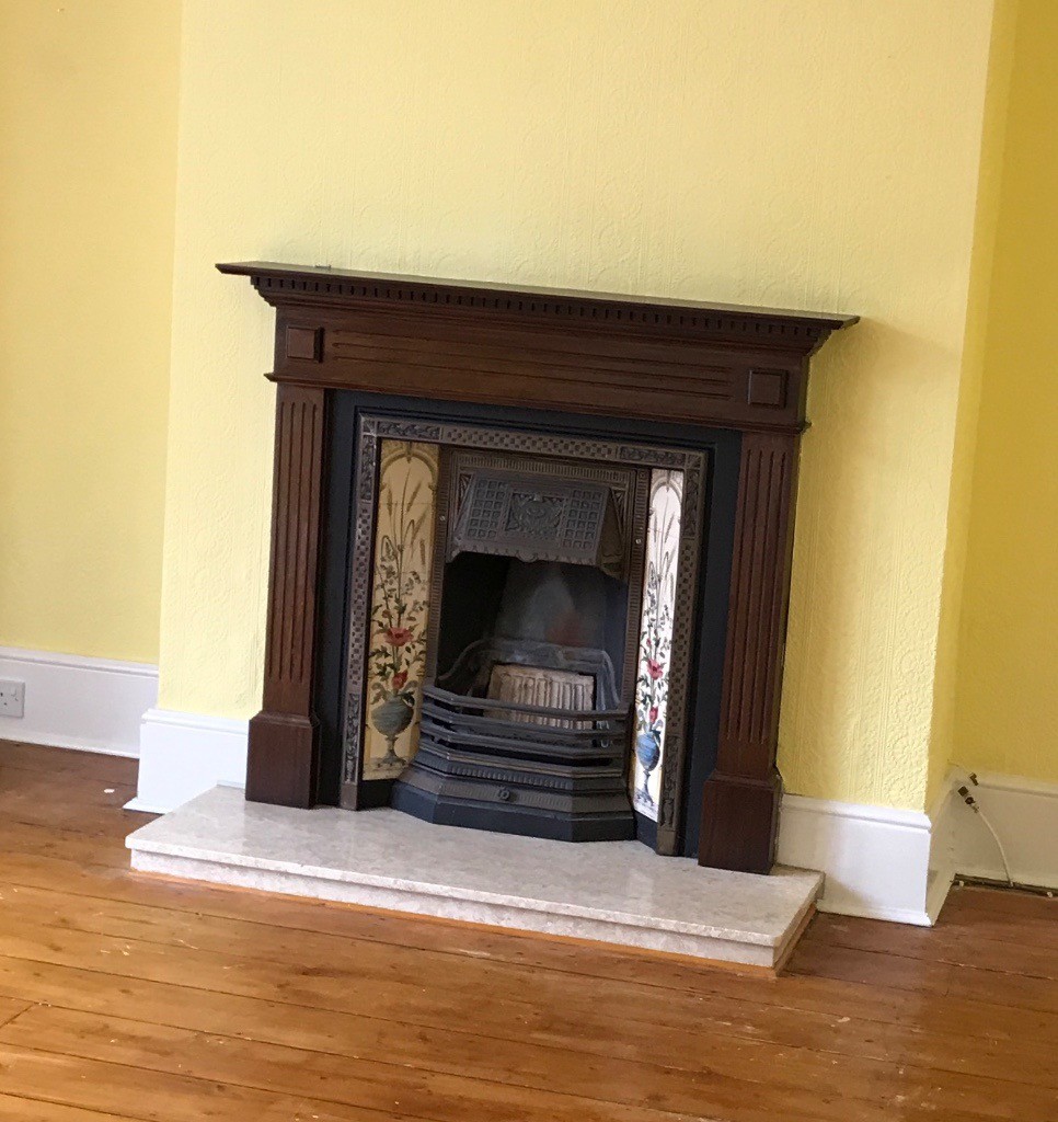 Victorian Style Gas Fireplace, Wooden Surround & marble hearth in