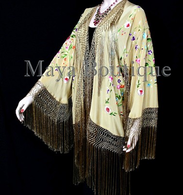 Pre-owned Maya Matazaro Gold Beige Silk Embroidered Fringe Jacket Flamenco Kimono Multi