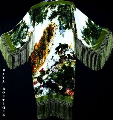 Pre-owned Maya Matazaro Kimono Duster Fringe Jacket Silk Solid Velvet Peacock Ivory Multi  In Ivory - Green -multi