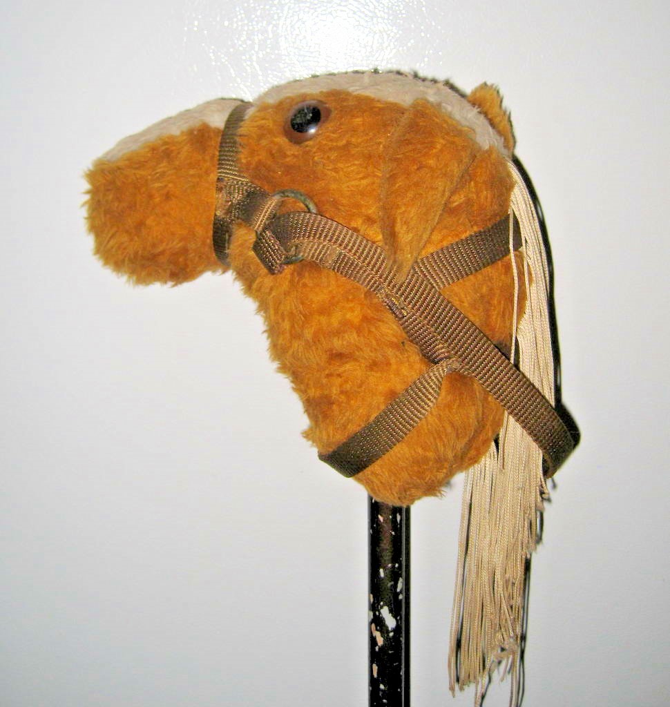 VINTAGE TOY ROCKING RIDING HORSE ON A STICK / STUFFED HORSE / COWBOY / RODEO