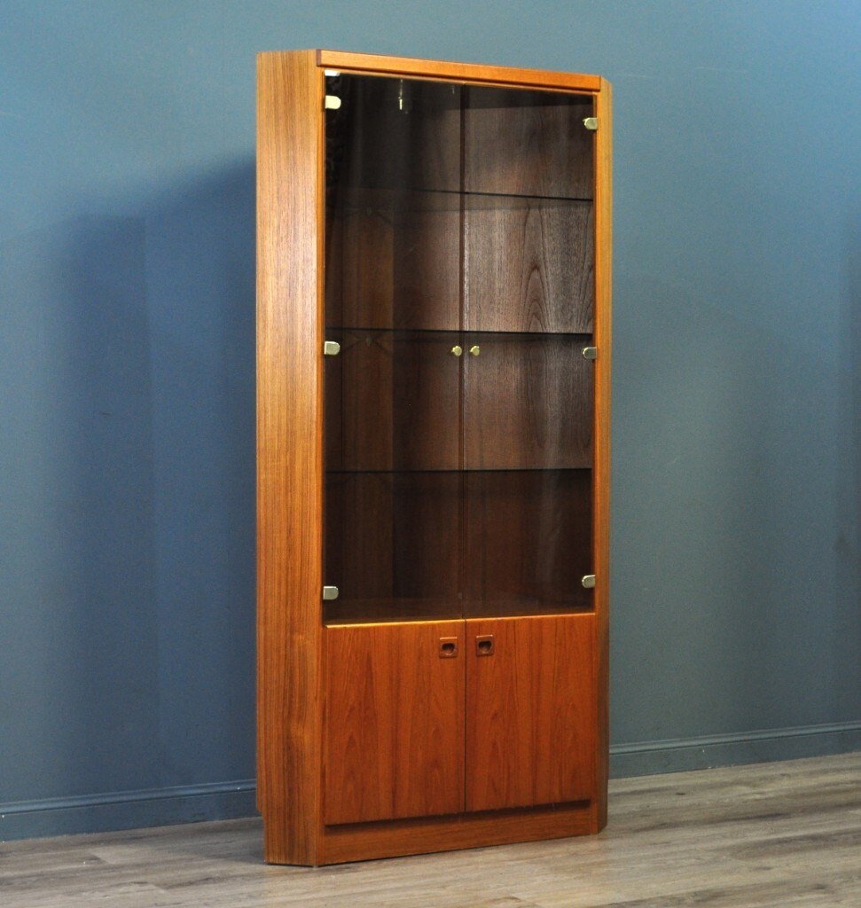 Attractive Large Tall Teak Glazed Corner Display With Base