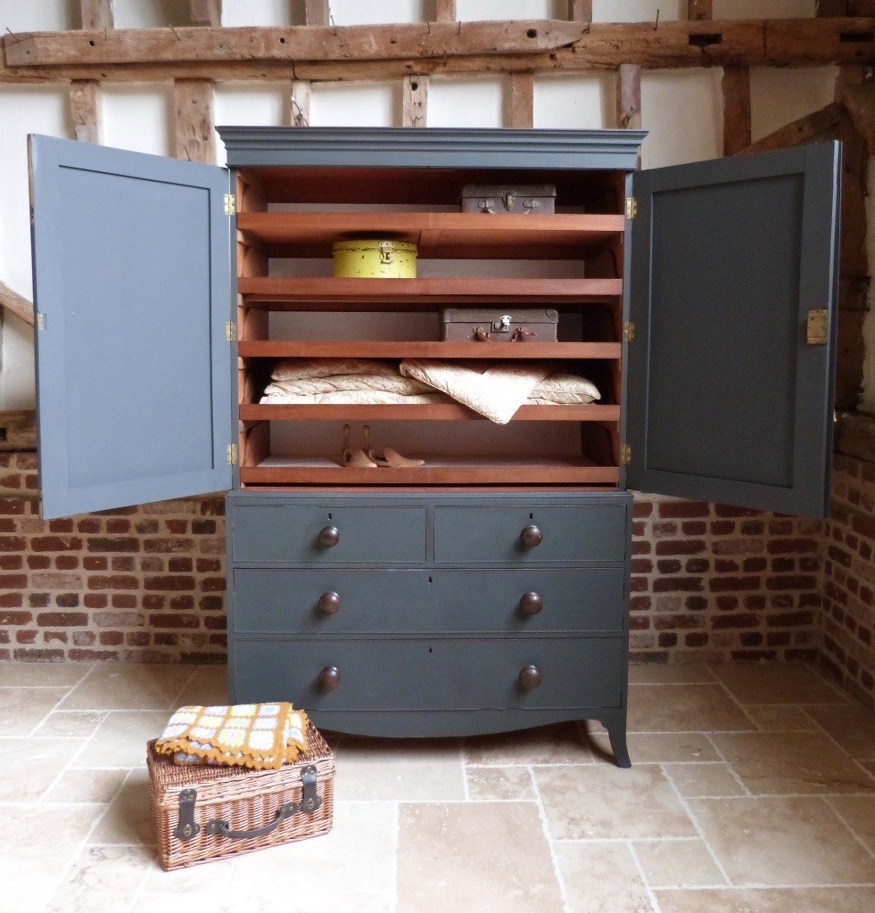 Victorian painted linen press wardrobe chest of drawers with sliding