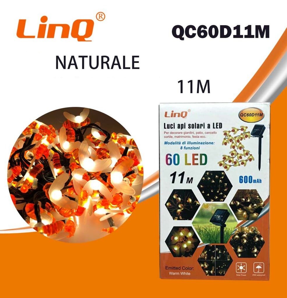 Catena Luminosa Ad Energia Solare Api 60 Led 11 Metri Da Esterni linq