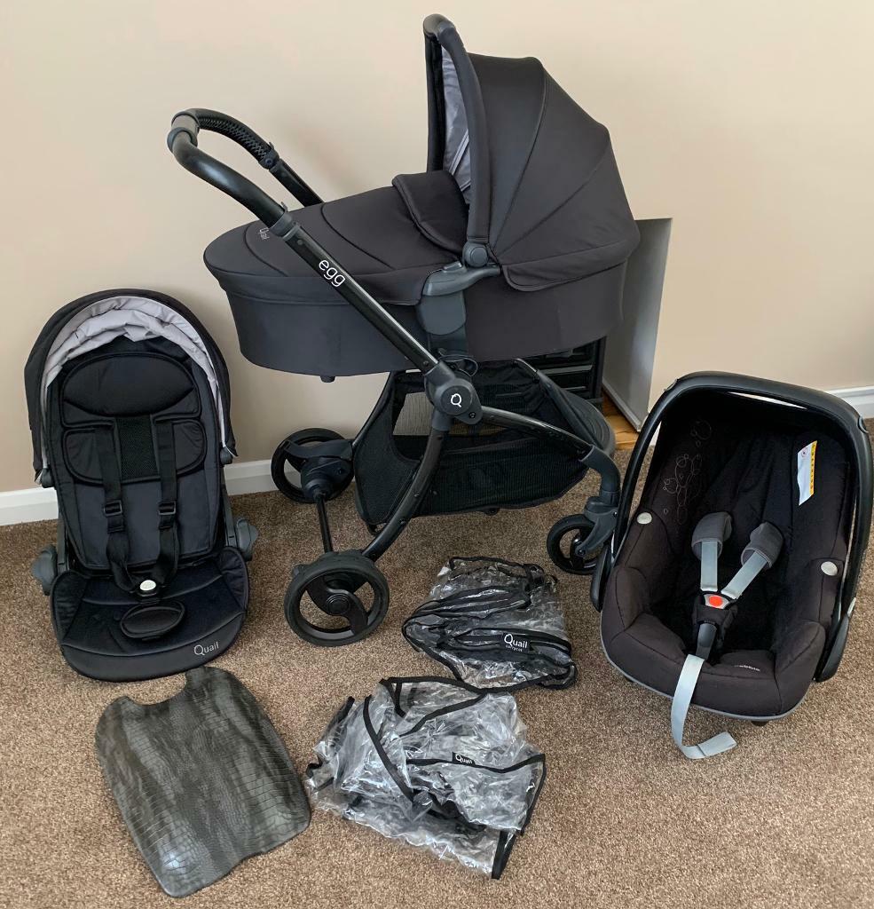 Egg Quail Pram / Pushchair / Travel System Baby Set Gotham Black Egg