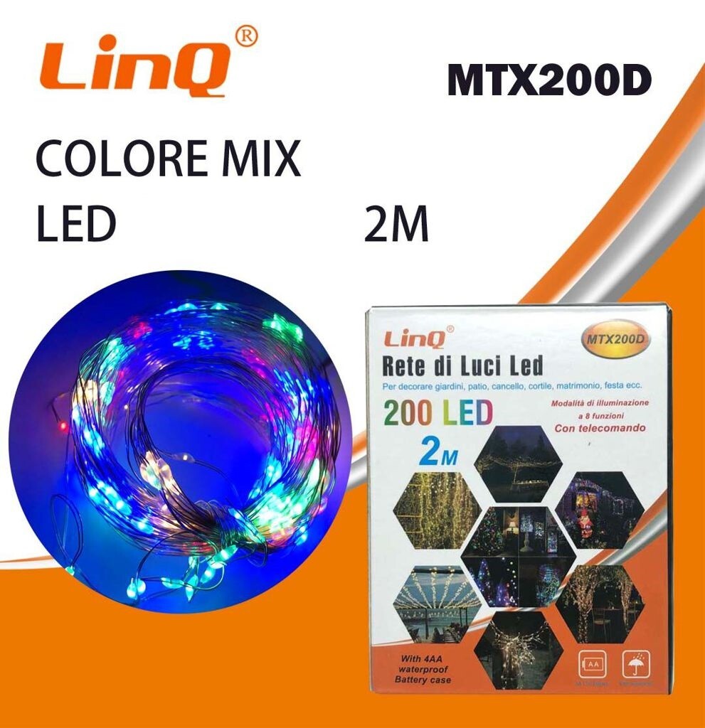 Rete Luci Led Colorate 200 Led A Batteria Per Esterni 2 Metri Telecomando linq