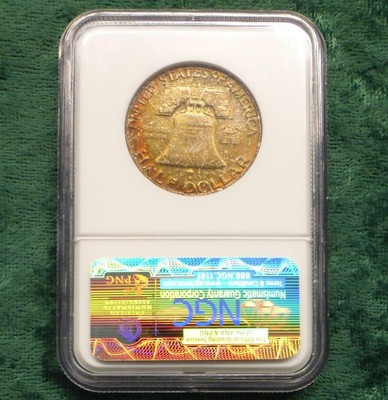 1958 D NGC MS66 FBL COLOR TONE, Red Pink Tone Full Bell Line MS66 Franklin Half