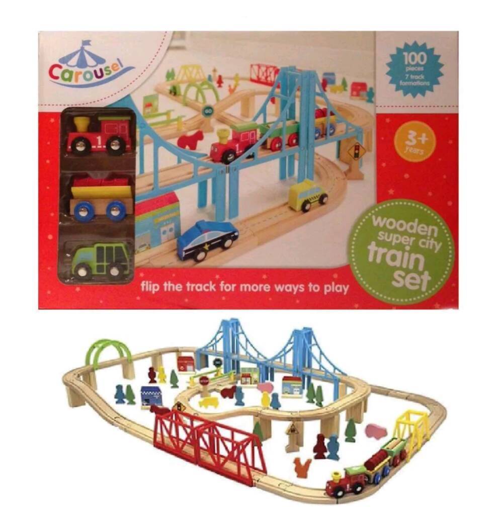 carousel wooden train set 100 pieces
