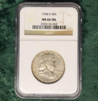 1958 D NGC MS66 FBL COLOR TONE, Red Pink Tone Full Bell Line MS66 Franklin Half