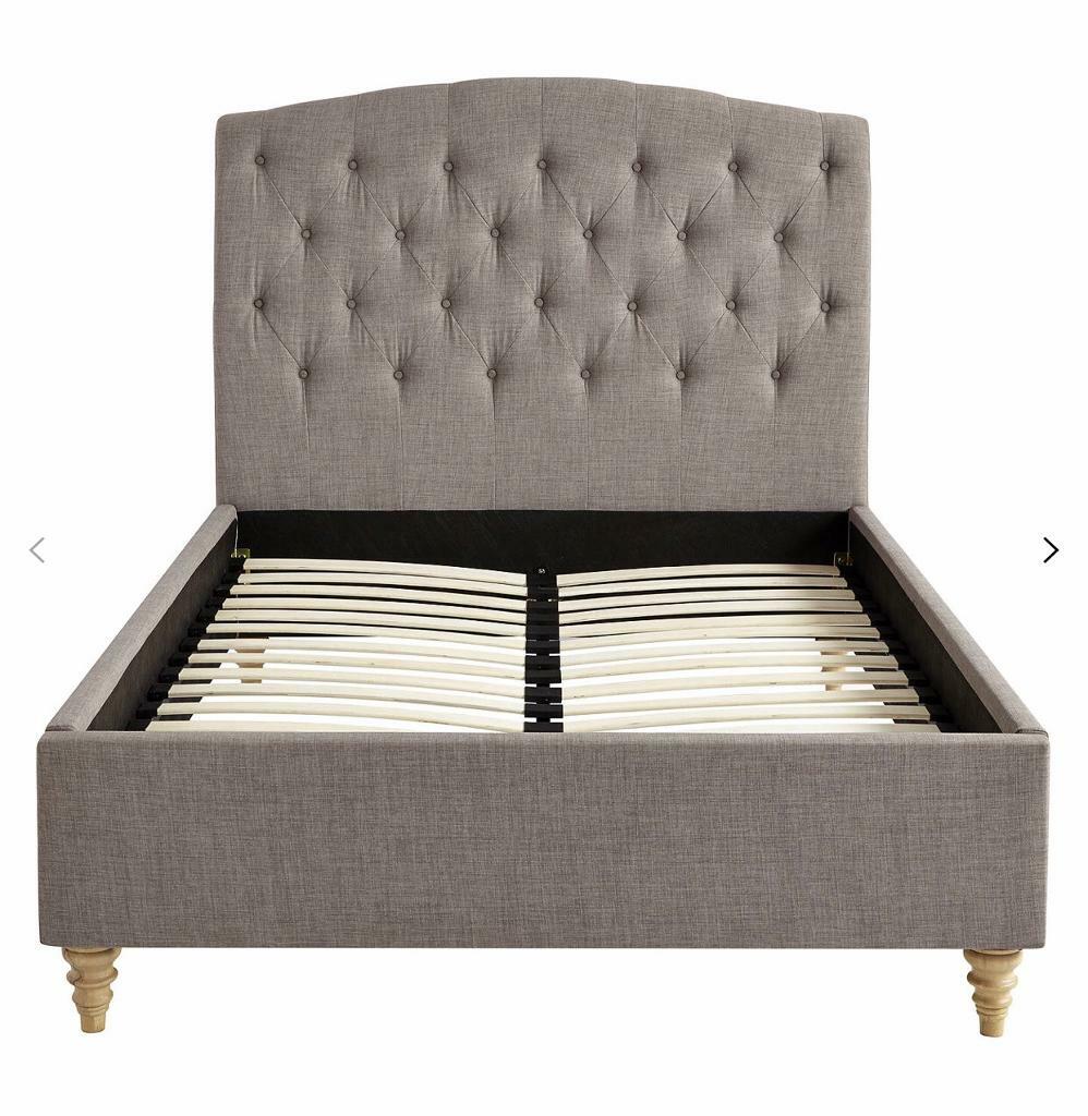 John Lewis Grey King Size Bed Frame, Button Headboard, Wooden Feet in
