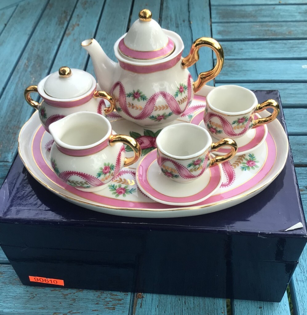 Pink Floral Miniature Tea Set For 2 On Tray. Regal Bone China