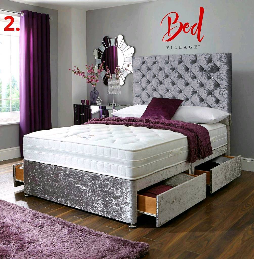 CRUSHED VELVET DIVAN BED SET DIAMOND HEADBOARDS 3FT SINGLE 4FT6