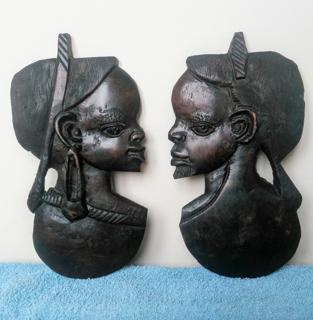 Pair Of Decorative Wooden African Heads In