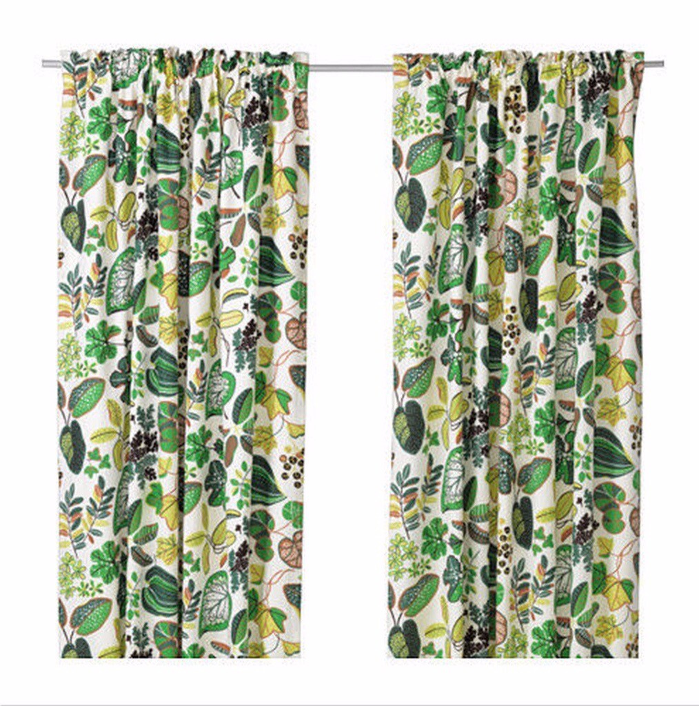 Linen Blend Ikea Syssan Green Leaf Tropical Vintage Lined Curtains