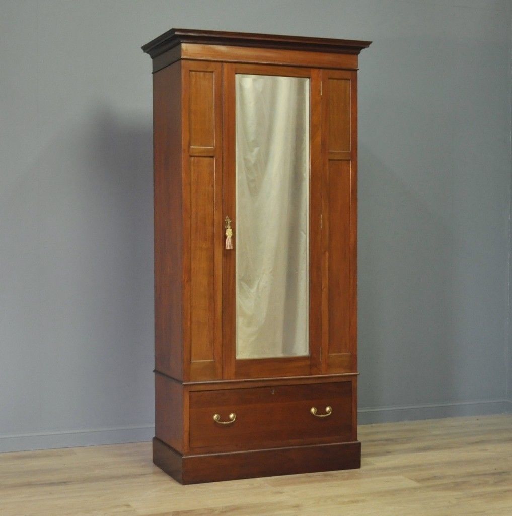 Antique Slender Tall Edwardian Mahogany Mirror Door Wardrobe