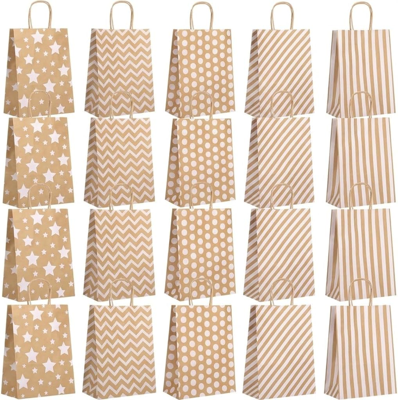 20 Pack Party Bags, 5 Designs, Small Kraft Paper Gift Bags | Small Gift Bags in