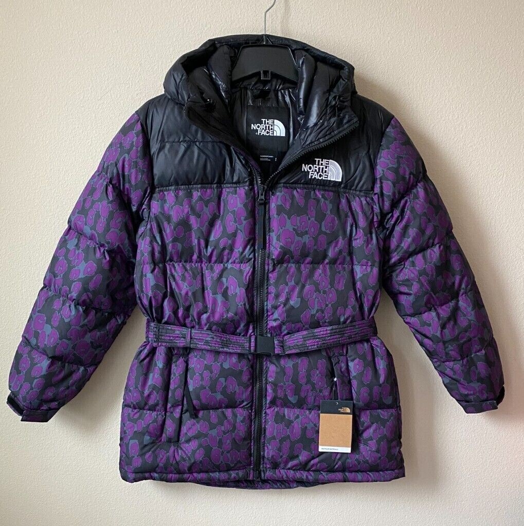 Pre-owned The North Face Women's Nuptse Belted Mid Parka 700 Fill Down Coat-size Run Big In Gravity Purple Leopard Print / Tnf Black