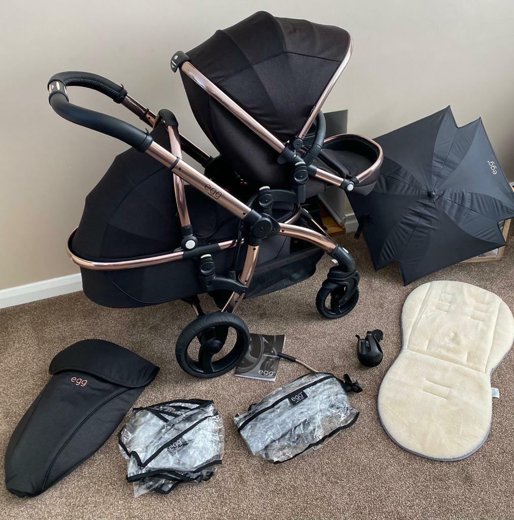 Tandem Egg Double Pram Rose Gold Diamond Black Egg Pram / Pushchair in Chesterfield