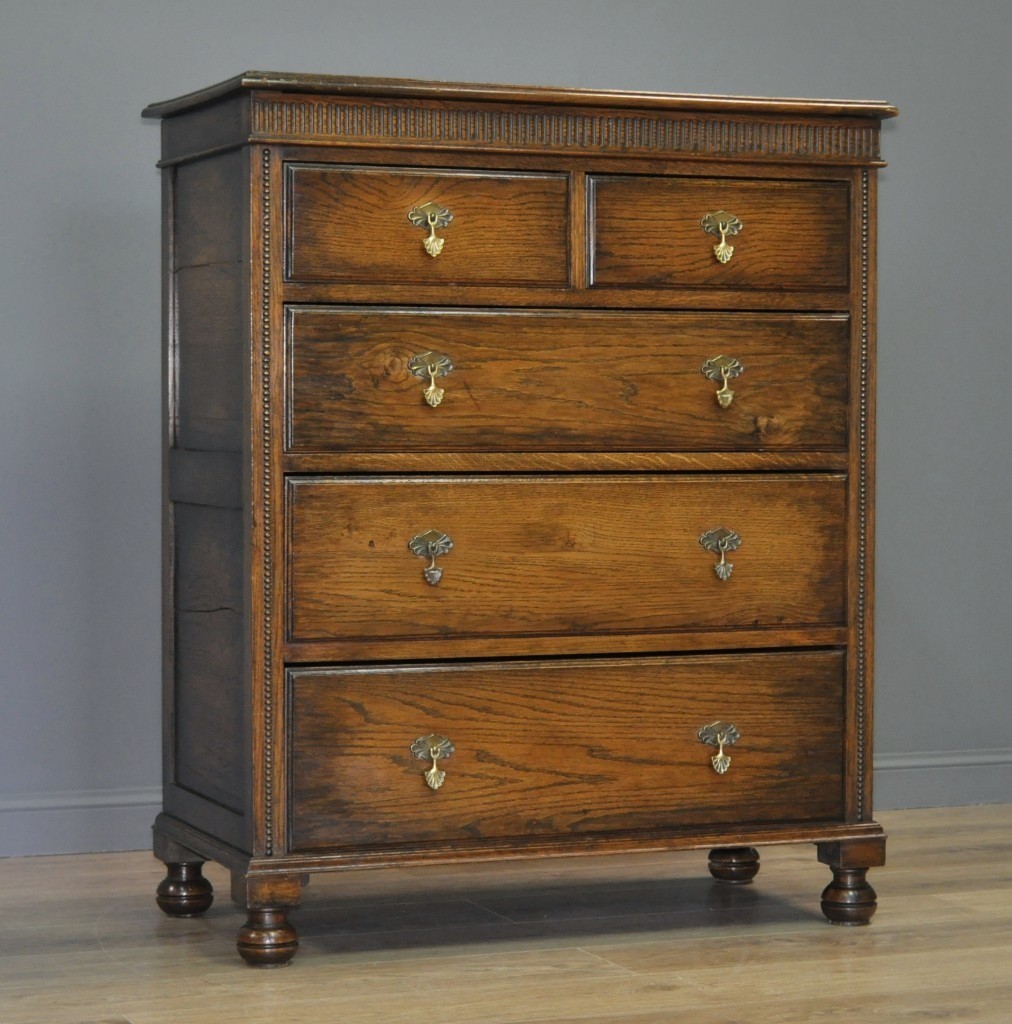 Attractive Large Antique Oak Chest Of Five Drawers With Secret Drawer