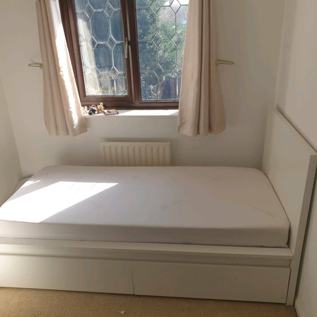 Ikea Malm Single Bed With Mattress And Storage Drawers In