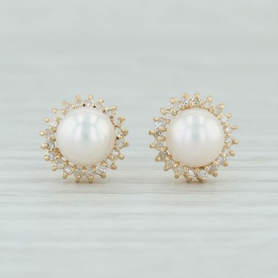 Cultured Pearl & Diamond Halo Stud Earrings - 14k Yellow Gold Pierced
