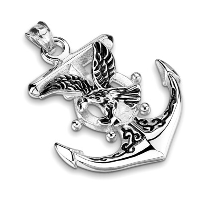 Patriotic Eagle on Anchor with Ship Wheel Stainless Steel Biker Pendant 