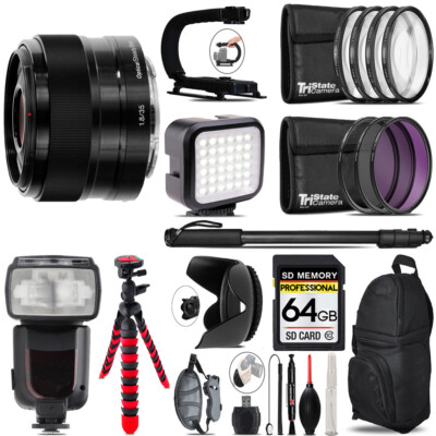 Sony E 35mm f/1.8 OSS Lens + LED Flash+ Bag - 64GB Accessory Bundle
