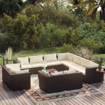 vidaXL 12 Piece Garden Lounge Set with Cushions Black Poly Rattan