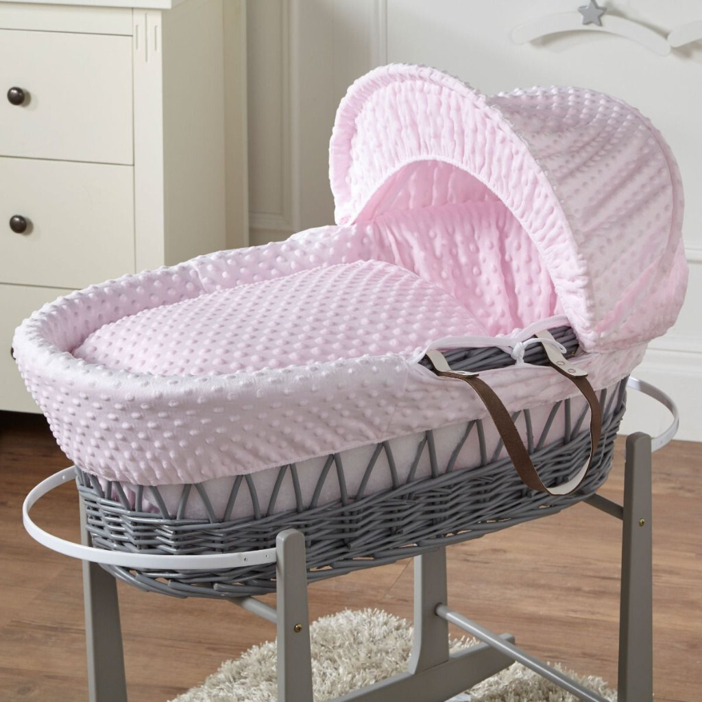 Clair de Lune Grey Wicker Moses Basket (Dimple Pink) and Rocking Moses
