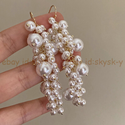 4mm 10mm White South Sea Shell Pearl Round Beads Cluster Dangle Hook Earrings
