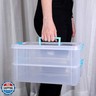 JUXYES 2-Tiers Stack Carry Storage Box With Handle, Transparent Stackable Storage Bin With Handle Lid Latching Storage Container for School and Office Supplies (Blue)