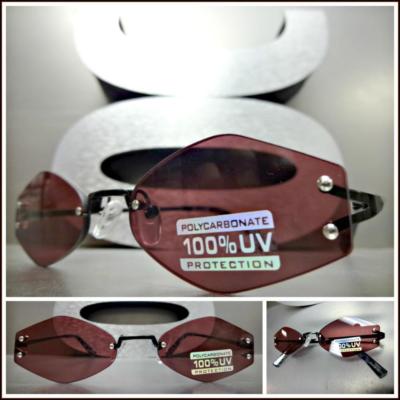 Classy Vintage Retro Style SUN GLASSES Black Rimless Frame Amber Hexagon Lens