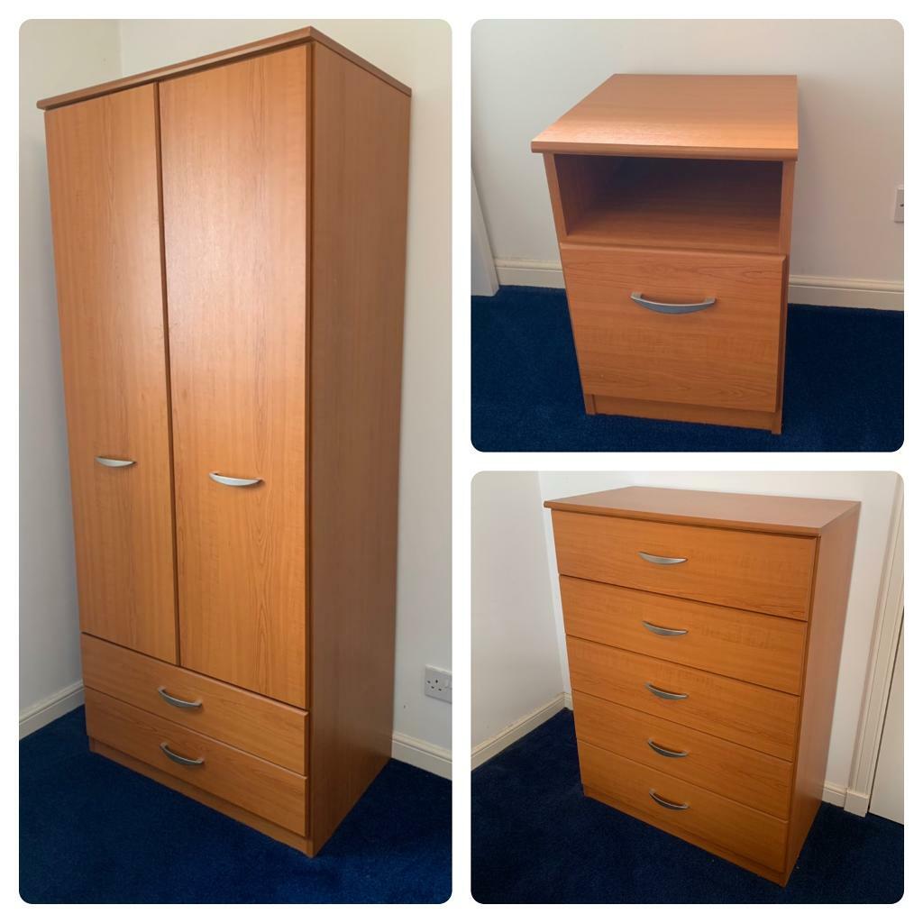 3piece bedroom furniture set Wardrobe, chest of drawers and bedside