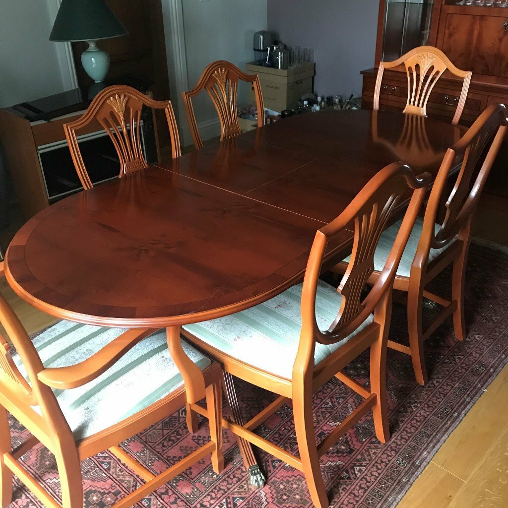 Yew Wood Extending Dining Table, 6 Chairs and large Wall Display unit