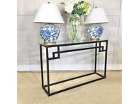New Modern Glass Top Console Table Steel Frame L124 D32 H76cms