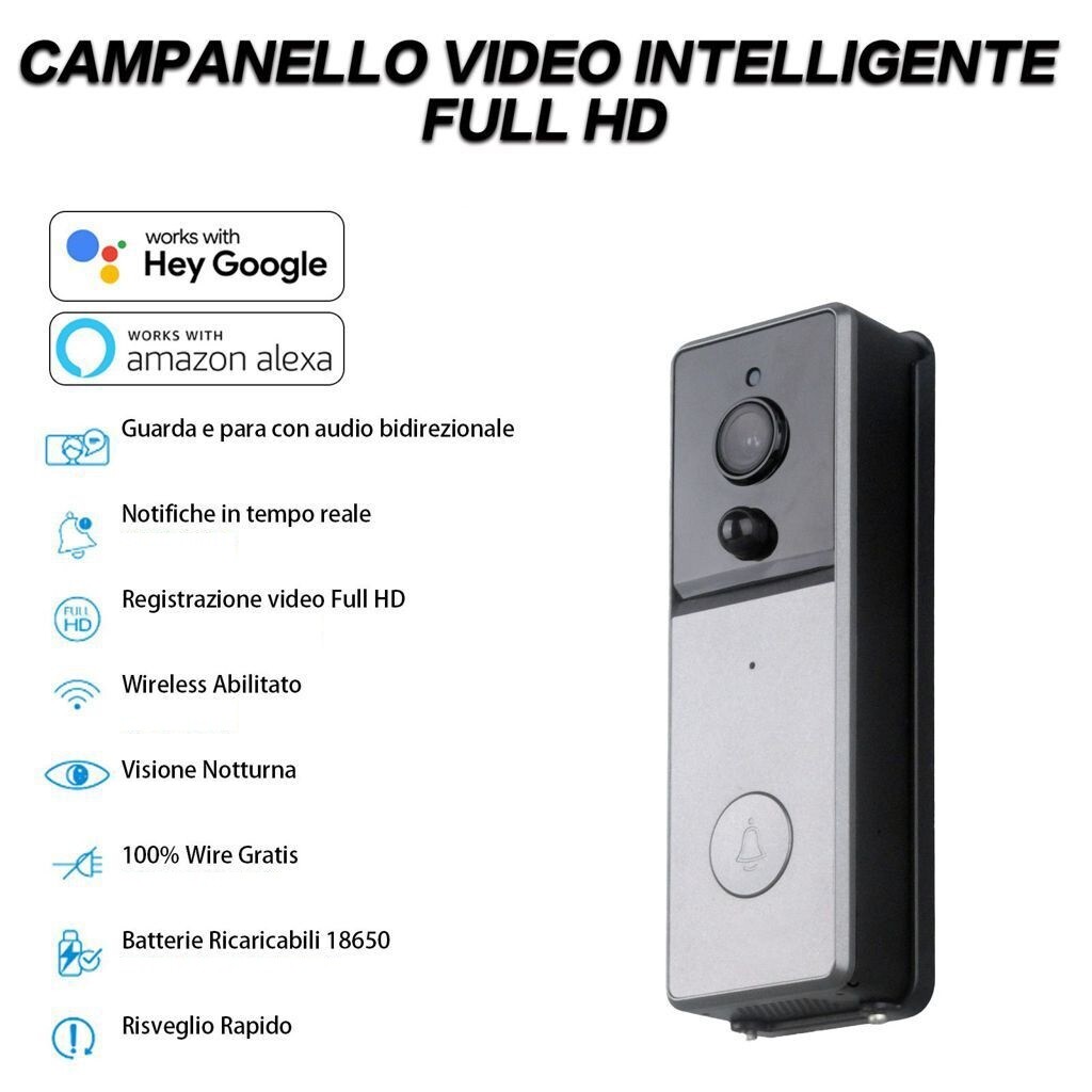 Videocitofono Wireless Wifi Smart Campanello Intelligente Full Hd Alexa Google