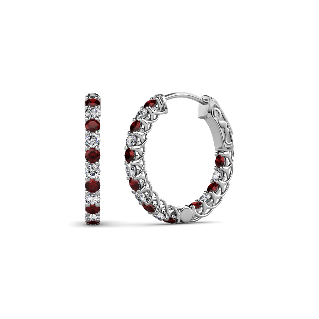 Pre-owned Trijewels Red Garnet & Diamond Inside-out Womens Hoop Earrings 0.95 Ctw 14k Gold Jp:137911