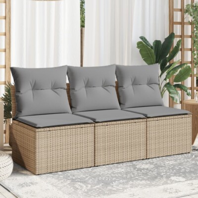 vidaXL Garden Sofa with Cushions 3-Seater Beige Poly Rattan