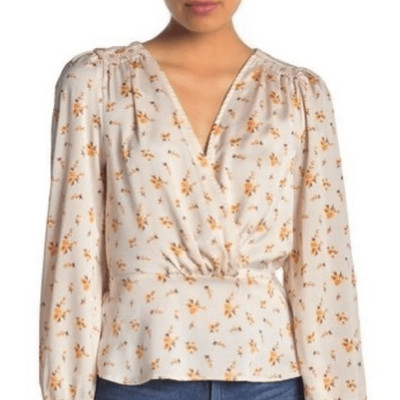 LUSH Floral Surplice Peplum Long Sleeve Blouse (Cream) - Small