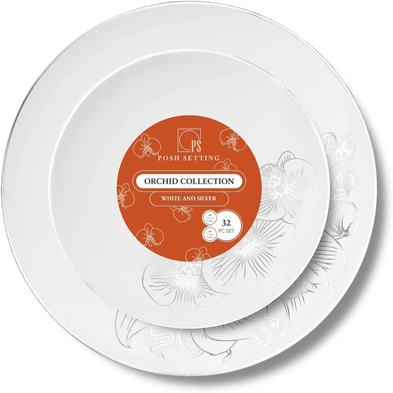 32 Piece Plastic Plates Set Elegant Disposable Dinnerware White Floral Design Pa