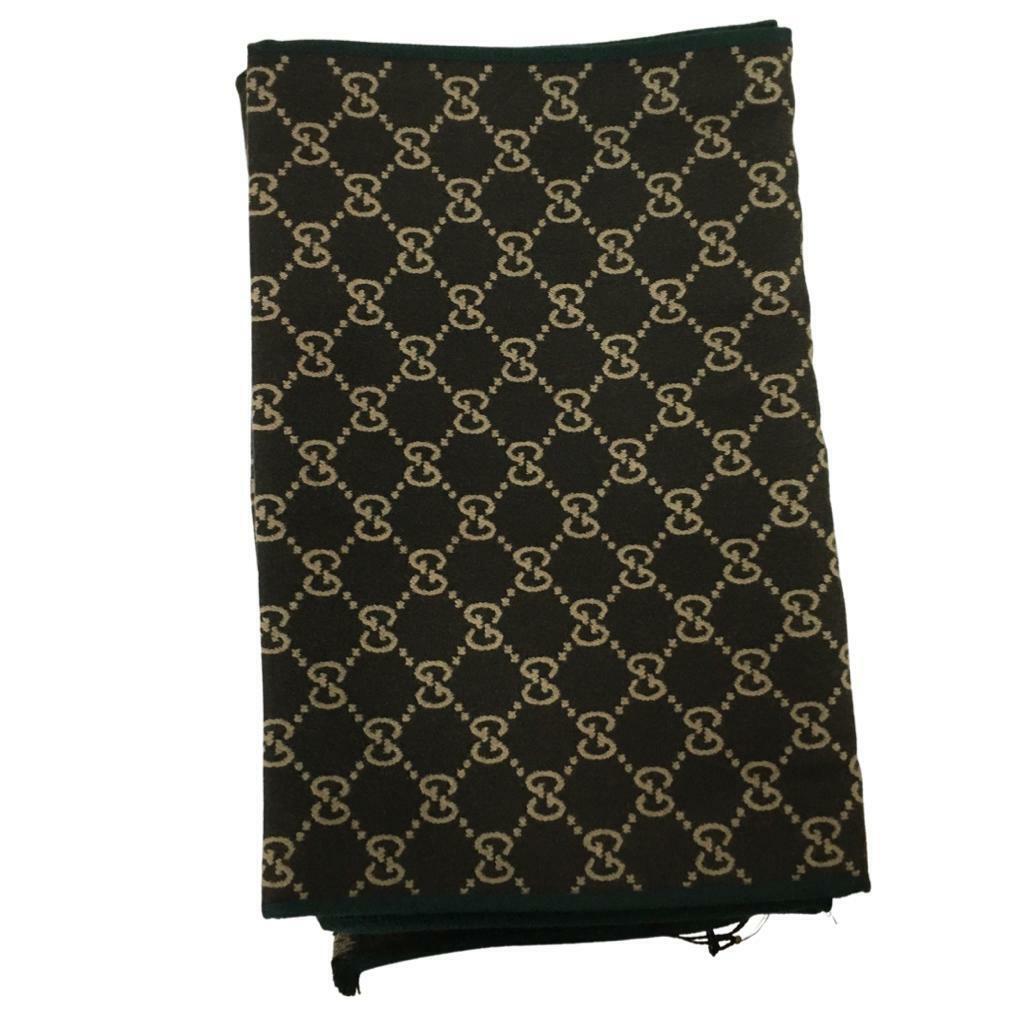 Pre-owned Gucci Men's Scarf Double Sided Green Other Side Brown Beige Monogram Gg Dm11 In Green/brown/beige