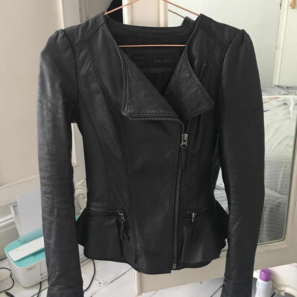 Zara rare black peplum frill biker size xs leather jacket in