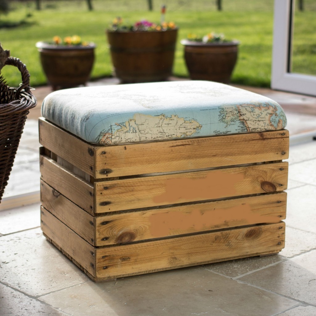 Upcycled vintage crate footstool storage seat/ottoman with upholstered