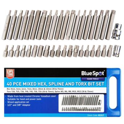 Bluespot Hex Torx & Mixed Spline Bit Set 40pc 1/2'' 3/8'' In Case T20-T55 01517