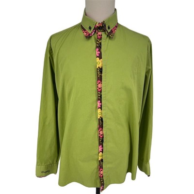 COOGI Luxe Men's 3XL Green Button-Up Shirt Floral Trim NOTES - AC
